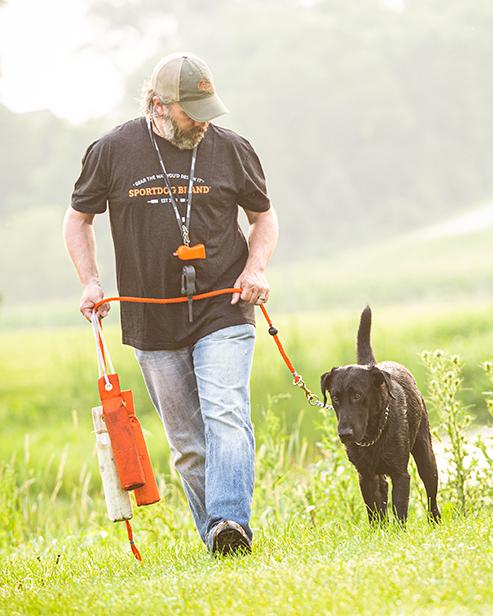 man walking black lab at heel while holding lead and canvas dummies